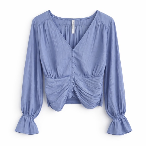 Anthropologie Ruched Blue Blouse Size S Button Front Smocked Waist Top - Picture 2 of 6